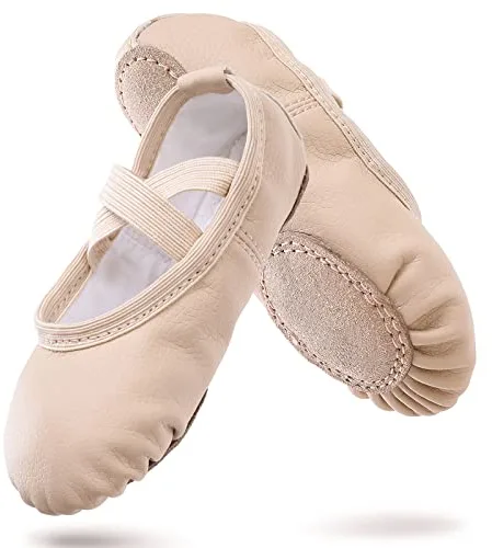 Zapatillas de ballet para niña, de piel, con suela de piel dividida, para gimnasia, para niños y mujeres, beige, 28 EU