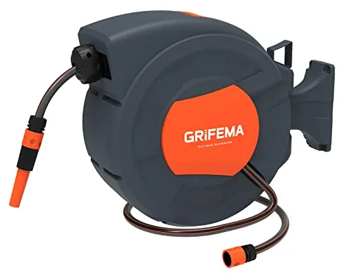 GRIFEMA, G301-25 Carrete de Manguera de Jardín Automático, Enrollador de Manguera de Pared de 25 M con Rotación de 180 grados, con Boquilla Ajustable, Gris [Exclusivo en Amazon]