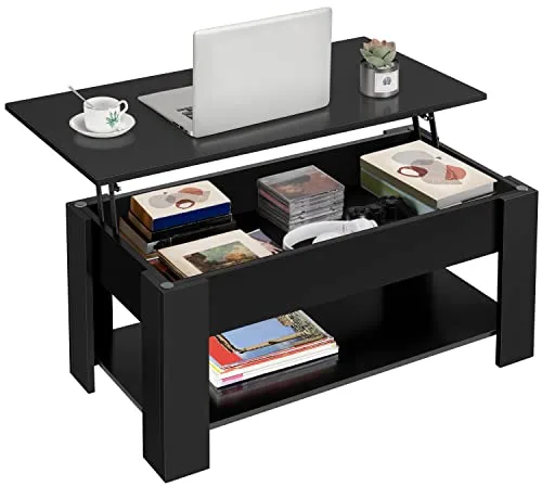 Yaheetech Mesa de Centro Elevable y Extensible con Revistero 98x50x(41,8-56) cm Mesa Cafe Elevable para Salón Comedor con Estante Mesita Mueble Salon Comedor Negro
