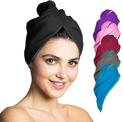 Toalla Turbante para el Secado rápido de Cabello, Toallas de Microfibra Ultra Absorbente para Pelo, con botón – 1 Pieza – Negro
