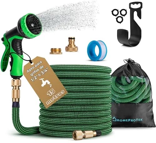 HOMEPROTEK Manguera Extensible 15m - Manguera Jardin con Pistola Riego de 9 Funciones - Manguera Jardin Enrollable para Riego de Jardin con Conectores de Latón de 1/2" y 3/4" Garden Hose