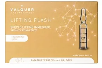 Valquer Lifting Flash Serum Facial en Ampollas. Antiarrugas Efecto Lifting Inmediato, Acción Rejuvenecedora y Reafirmante con Ácido Hialurónico para Todo Tipo de Piel. Pack de 5 unidades de 2 ml.