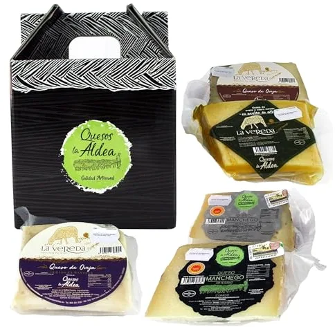 QUESOS LA ALDEA | Caja Regalo Gourmet – 5 Cuñas de Queso de Oveja y Manchego D.O.P | Curado, Semicurado, Romero, Manteca, Aceite de Oliva | Cesta de Navidad | Caja Gourmet para Regalar