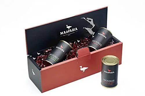 MALVASIA Lote Gourmet de Tres Latas de Mousse de Foie de Pato (Sabor Tradicional, con Ciruelas y con Trufa), Elaboración Artesanal, Sin Gluten, 3 Latas de 200 g