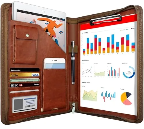 NEWYES Portadocumentos de Cuero A4 para Conferencias con Cremallera- Regalo Hombre/Mujer, Carpeta Organizadora Agenda Ideal para Oficina y Viaje de Negocios (Marrón)