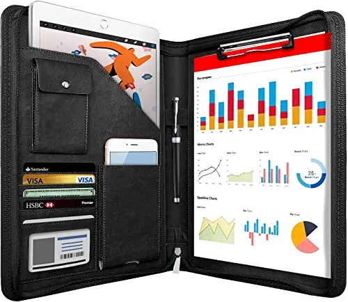 NEWYES Portadocumentos de Cuero A4 para Conferencias con Cremallera- Regalo Hombre/Mujer, Carpeta Organizadora Agenda Ideal para Oficina y Viaje de Negocios (Negro)