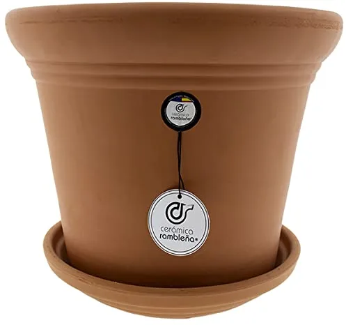CERÁMICA RAMBLEÑA | Maceta Grande Original de Barro Rojo | Exterior Terracota | Plato Incluido | 30x30x26 cm