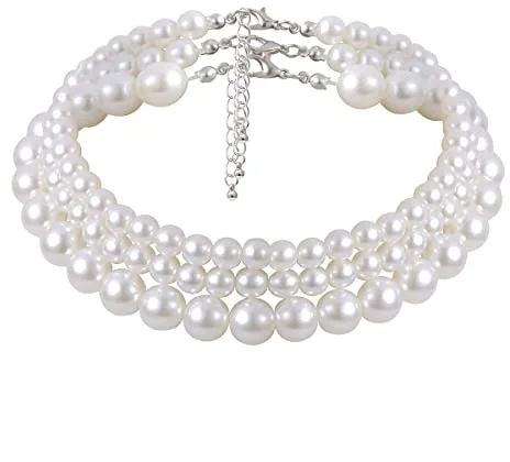 Liitata - Collar de perlas simuladas de 3 filas con múltiples hebras, gargantilla corta para mujeres y niñas, regalo para fiestas, cumpleaños y bodas, 3 piezas