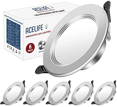 ACELIFE Downlight Led Empotrable Redondo, Foco Empotrable LED de Techo Extraplana, 7 W 700lumen, Equivalente a 70 W Incandescente, 6000K (Blanca Fría), Metal de Aluminio ojos de buey Led, Juego de 6
