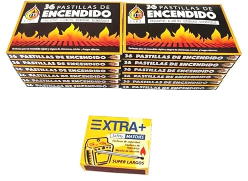 12 Cajas 432 Pastillas de Encendido Chimenea, Estufas y Barbacoas,Pastilla encender Carbon + 1Caja 120 fósforos de Madera extralargos de 5.5cm.