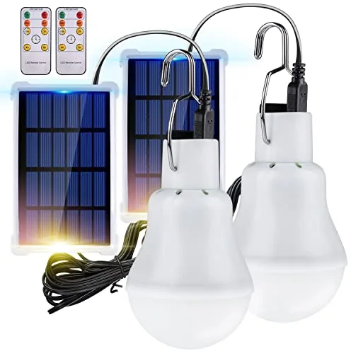 TechKen 2 bombillas solares para exteriores con sensor de luz y mando a distancia, lámparas solares colgantes, lámparas solares para camping, iluminación LED