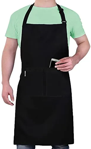 LEFUNDA® Delantal de cocina impermeable con 3 bolsillos, ajustable para barbacoa con tirantes largos, ideal para hombre y mujer, ideal para restaurantes, repostería y adultos (negro)