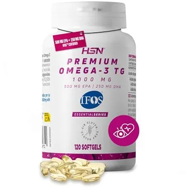 HSN Premium Omega 3 IFOS 5 Estrellas 120 Perlas | 1000mg Aceite de Pescado en Triglicéridos | 750mg Omega-3 (500mg EPA + 250mg DHA) Alta Concentración | No-GMO Sin Gluten