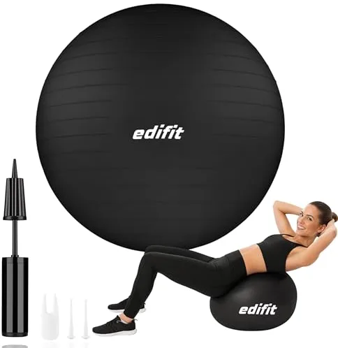 EDIFIT, Pelota de Pilates, 55,65 y 75, Ejercicio en Casa, Incluye Hinchador, Fitball, Embarazadas, Accesorios Yoga, Gimnasio, Varios Tamaños (65cm, Negro)