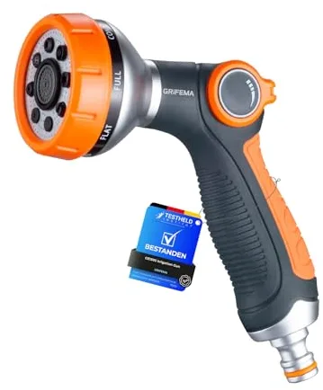 GRIFEMA, GE1303 Pistola de Riego, Pistola de Agua para Jardín, 8 Modos Ajustables, Pistola de Manguera con Interruptor de Pulgar para Riego de Césped, Negro