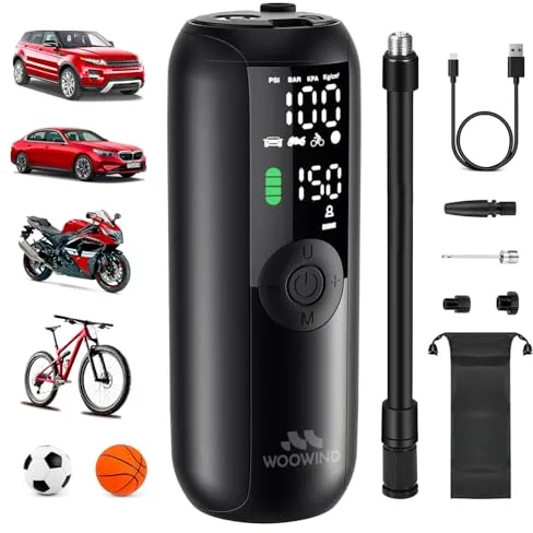 Woowind Compresor Aire Portatil 150PSI/10,3Bar, Bomba Bicicleta, Inflador Ruedas Coche, Inflado en 1 Minuto, Hinchador Ruedas Coche, Bici, Moto y Balones, Apagado Automático, Pantalla LCD Linterna LED