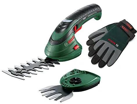 Bosch set de tijeras cortacésped a batería Isio (3,6 V, longitud de cuchilla 12 cm, distancia entre cuchillas 8 mm, guantes de jardinería XL incluidos) - Amazon Edición
