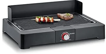 Severin Barbacoa de mesa con placa de grill acanalada para interior y exterior, barbacoa eléctrica con arranque rápido, mini barbacoa sin riesgo de quemaduras, negro, PG 8567