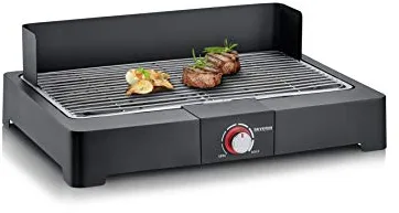 Severin Barbacoa de mesa con parrilla de acero inoxidable para interior y exterior, parrilla eléctrica con arranque rápido, mini barbacoa sin riesgo de quemaduras, negro, PG 8565