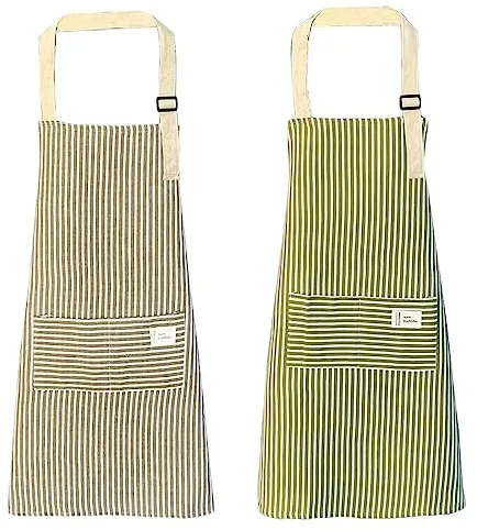 Qipuneky 2 Piezas Delantal de Cocina Antiincrustante Con Cuello Ajustable y Bolsillos Para Asar a la Parrilla en el Restaurante del Jardín (Verde+Gris)