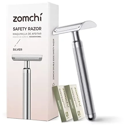 ZOMCHI Maquinilla de Afeitar de Seguridad de Doble Filo para Hombres y Mujeres, de Metal Premium con 10 Hojas de Doble Filo, de Una Sola Hoja - Plata Noble