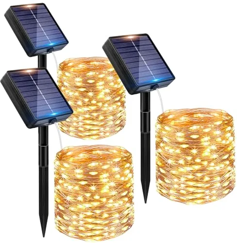 Peasur Guirnaldas Luces Exterior Solar - 3 Pack 12+2M/120LED Luces Solares LED Exterior Jardin Luz Navidad Exteriors Solares Luz Solar Exteriors Jardin Cadena para Exteriores Decoracion Arbol, Cálido