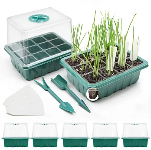 MQFORU Bandejas Semilleros,5Pcs 60 Agujeros Bandejas Semilleros de Germinacion Mini Invernadero Bandejas de Cultivo Germinación con Tapas Transparentes/Ventana Ajustable,para Cultivo de Semillas