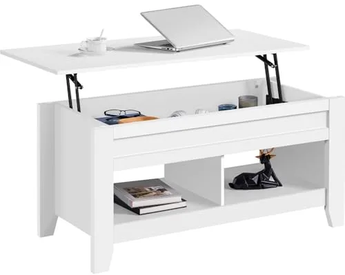 Yaheetech Mesa Centro Elevable de Madera Mesa de Café para Salón con Revistero Mueble de Diseño Moderno 104.5 x 49.5 x (49-61.5) cm Blanco