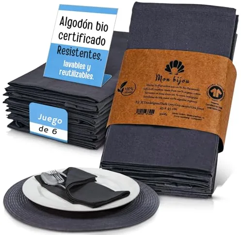 mon bijou® Set de 6 Servilletas de Tela Gris Oscuro 45x45 cm – 100% Algodón Orgánico Certificado Gots – Lavables Reutilizables Pascua Navidad Fiestas Decoración de Mesa Sostenible