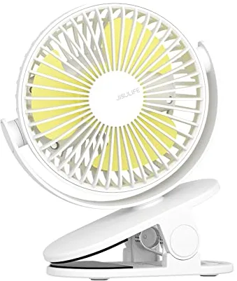 JISULIFE Ventilador de Escritorio Con Clip, Mini Para Cochecito, Recargable USB 4000 mAh, Viento Fuerte, 16 Horas, 4 Modos, Bajo Ruido - Blanco