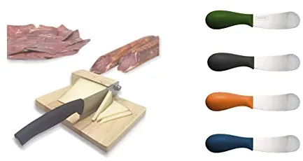 NERTHUS FIH 102 Guillotina y tabla de Corte Queso, Embutidos, Frutas y Verduras + 329 Cuchillos Untar Set 4 de Unidades, Negro, Verde, Azúl, Naranja