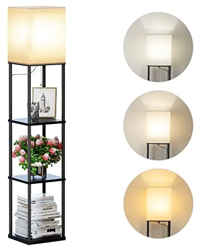 SUNMORY Lampara de Pie, Temperatura de 3 Colores, Lámpara con Estantes con Bombilla LED, Lampara Salon, Dormitorio, Estudio y Oficina, Negro,Decoracion Hogar Vintage