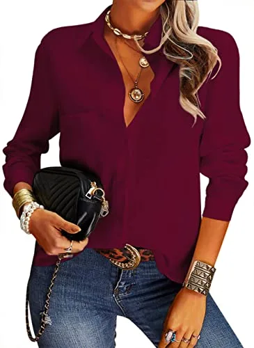 NONSAR Elegante Blusa Informal para Mujer con Cuello en V, Manga Larga y Botones, Estilo Casual y de Vestir, Corte Suelto, Color Liso