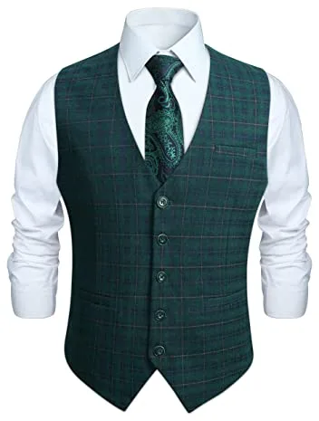 HISDERN Chaleco de Traje para Hombre Formal Boda Algodón Cuadros Chalecos Fiesta Clásico Elegant Business Verde XL