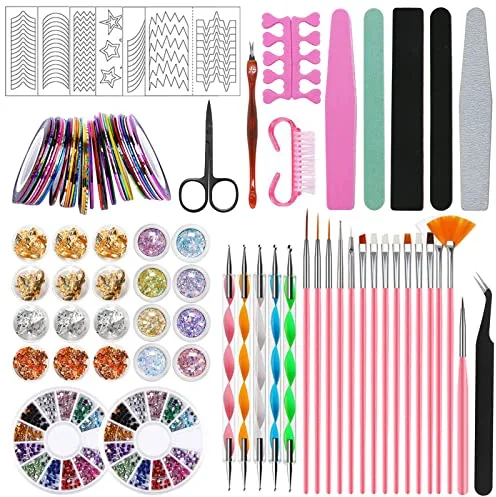 JOYBOY Kit de Accesorios Decoración Uñas Nail Art,Kit de Diseño de Arte de Uña incluir 15 Pinceles para Uñas,2 Cajas de Diamantes+1 Caja de Papel de Aluminio etc Decoración Uñas Nail Art Kit de Uñas