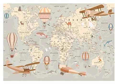 Papel Pintado Infantil Mapa mundi Avión Niño - Impresión de látex - Incluye Pegamento - Fotomurales Pared Tejido No Tejido Decorativos Murales Fotográfico Moderno Decoración de Paredes (312x219 cm)