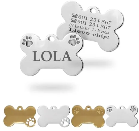 Ibera Gifts - Chapa Perro Grabada De Acero Inoxidable En Forma De Hueso, Tamaño 37 x 24 mm, Placa Perro Personalizada Para Perros Medianos Hasta Grandes (Gr. 2 Huellas)