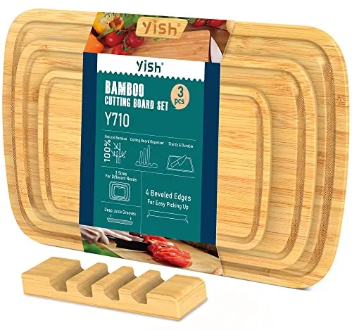 Tabla de Cortar Cocina Bambu: YISH Multifuncional Wooden Chopping Board Set Tabla Cortar de Bambú de Madera Antibacteriana Profesional con Soporte -juego de 3 piezas- 25x16cm & 33x20cm & 38x25cm