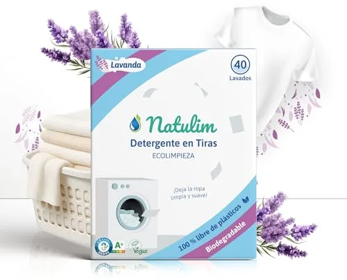 Natulim - Detergente en Tiras para Lavadora (40 Lavados) - Incluye Suavizante, Ecológico, Hipoalergénico, Made in Spain - Ropa limpia y suave sin ensuciar el Planeta (Fragancia Lavanda)