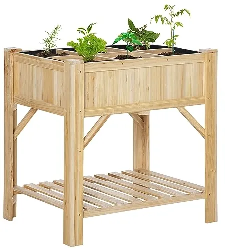 Outsunny Huerto Urbano de Madera Mesa de Cultivo con 6 Compartimentos y Estante Inferior para Plantas Flores en Jardín Terraza Exterior Carga 80 kg 78,5x58x81 cm Color Natural