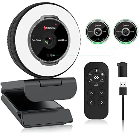 Angetube Streaming Webcam con Micrófono - Webcam USB 1080P 60FPS con Luz de Anillo y Control Remoto - Cámara Web HD con Zoom Digital 5X Cubierta de Privacidad incorporada