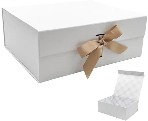 Tekhoho Caja de Regalos Grande Blanco 33.5x27x12.5 cm, Caja de Regalos Premium con Tapa MagnéTica y Cinta para Embalaje de Regalos de Bodas y CumpleañOs, Forro a Cuadros