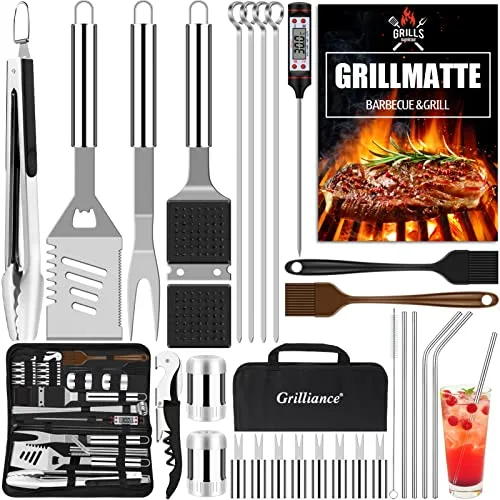Grilliance Utensilios para Barbacoa de 30 Piezas, Kit de Accesorios para Parrilla de Acero Inoxidable para Hombres, Juego de Herramientas Profesionales para Parrilla con Bolsa de Transporte, Plateado