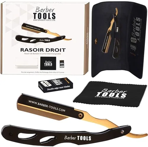 Afeitadora de barba para hombre/navaja de afeitar para barba - con piedra de alumbre, paño de pulido, estuche de almacenamiento, 5 hojas dobles - (navaja de barbero) (Oro)