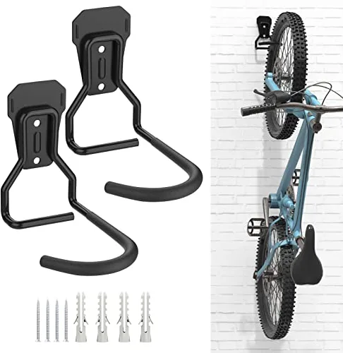 Housolution Gancho Vertical de Pared para Colgar Bicicleta, [2 PZS] Soporte de Pared para Bicicleta de Montaña de Hierro hasta 35kg/77 lbs, Colgador de Pared para Bicicleta con Capa de Goma, Negro