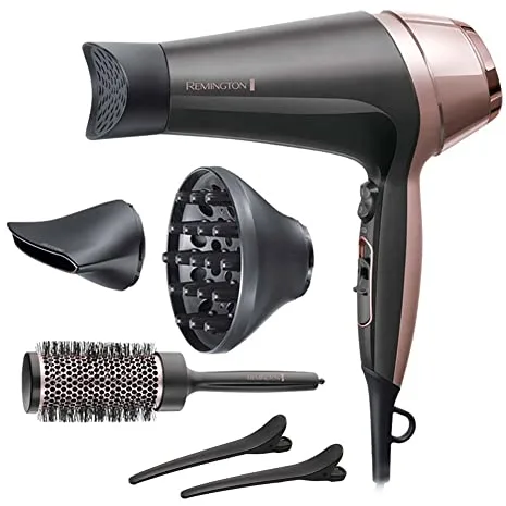 Remington Secador de Pelo Curl & Straight Confidence, 2 en 1 Alisa y Riza, Iónico, 2200 W, 2 Concentradores, 1 Difusor y Cepillo de Barril, 3 Temperaturas, 2 Velocidades, Color Negro Y Rosa, D5707