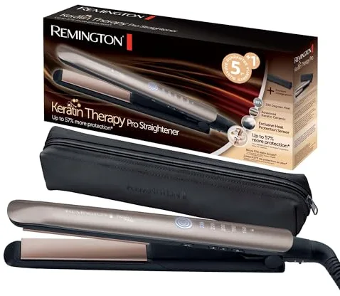 Remington Plancha Pelo pantalla digital, 160-230 °C, sensor protección contra el calor para reducir el daño capilar Keratin Therapy revestimiento cerámica con queratina y aceite de almendra S8593
