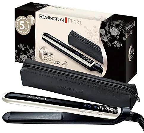 Remington Plancha de Pelo Pearl, Cerámica Avanzada con Perla, Placas Flotantes Extralargas, Temperatura hasta 230°C, Función Turbo, Digital, Calentamiento 10s, Color Blanco Y Negro, S9501, 110mm