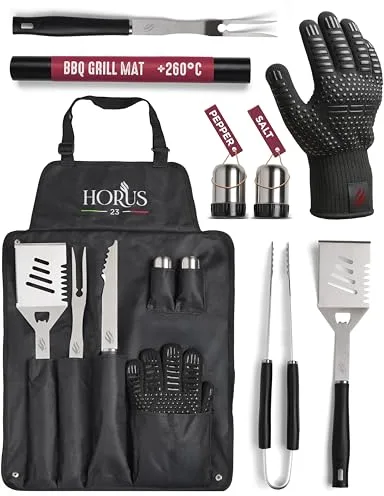 HORUS 23 - Kit Barbacoa con BBQ Accessories en Acero Inoxidable, Delantal Oxford con Bolsillos, Guante Ignífugo y Tapete para Parrilla