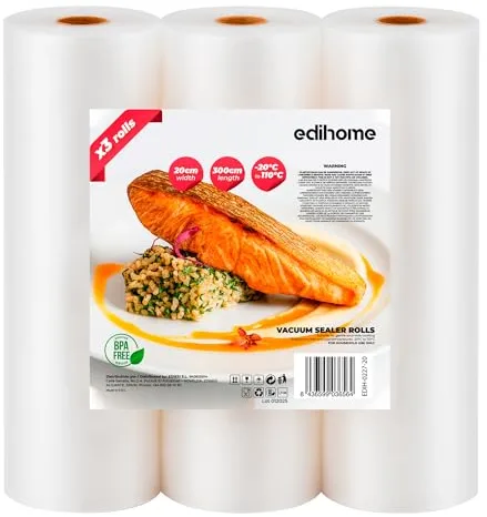 Edihome, Bolsas Vacio Alimentos, 20x300cm, 3 Rollos, Bolsas para Envasar al Vacio Alimentos, Conservación, Envasadora al Vacio, BPA Free, Sous, Vide (3 Rollos 20cmx3m)
